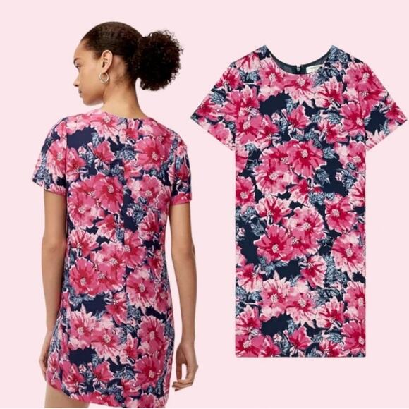 Babaton Aritzia Patricio Floral Shift Dress Short Sleeve Pink Navy Blue Size 8 - Picture 2 of 9